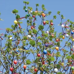 Ein großer Baum vor strahlend blauem Himmel übervoll mit bunten Ostereiern behängt
